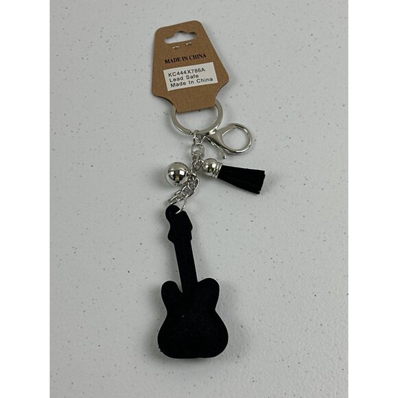 Rhinestone Guitar Keychain With Tassel & Silver Ball Charm Black, Silver - Picture 4 of 4